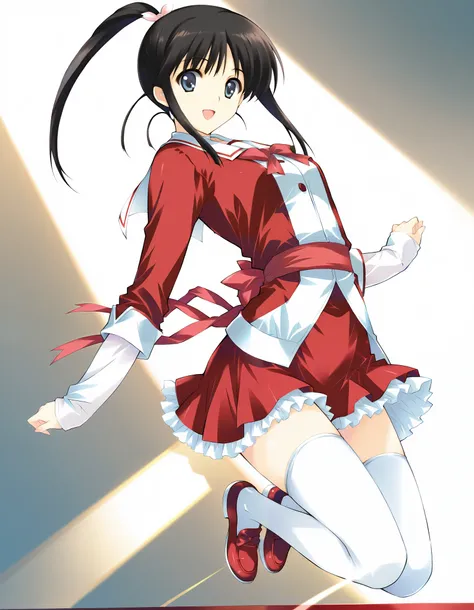 masterpiece,best quality,good quality,smile, looking at viewer, solo, anime coloring, ((sugiura_koharu)),sugiura_koharu\(white_album_2\),1girl,solo,black hair,ponytail,hair ribbon,blue eyes,open mouth,1girl,(((red and white jacket))),(sailor suit jacket),(...