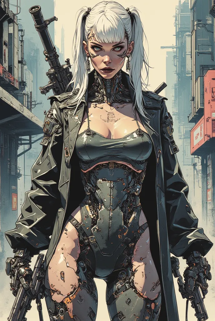                 a sexy cyborg woman                . cyberpunk. Cybernetic components. Cyberpunk clothing  . Queue de cheval et frange. huge drooping chest. A very wide neckline. ville dystopique. She is armed with a sniper rifle. She is wearing sexy cyber...