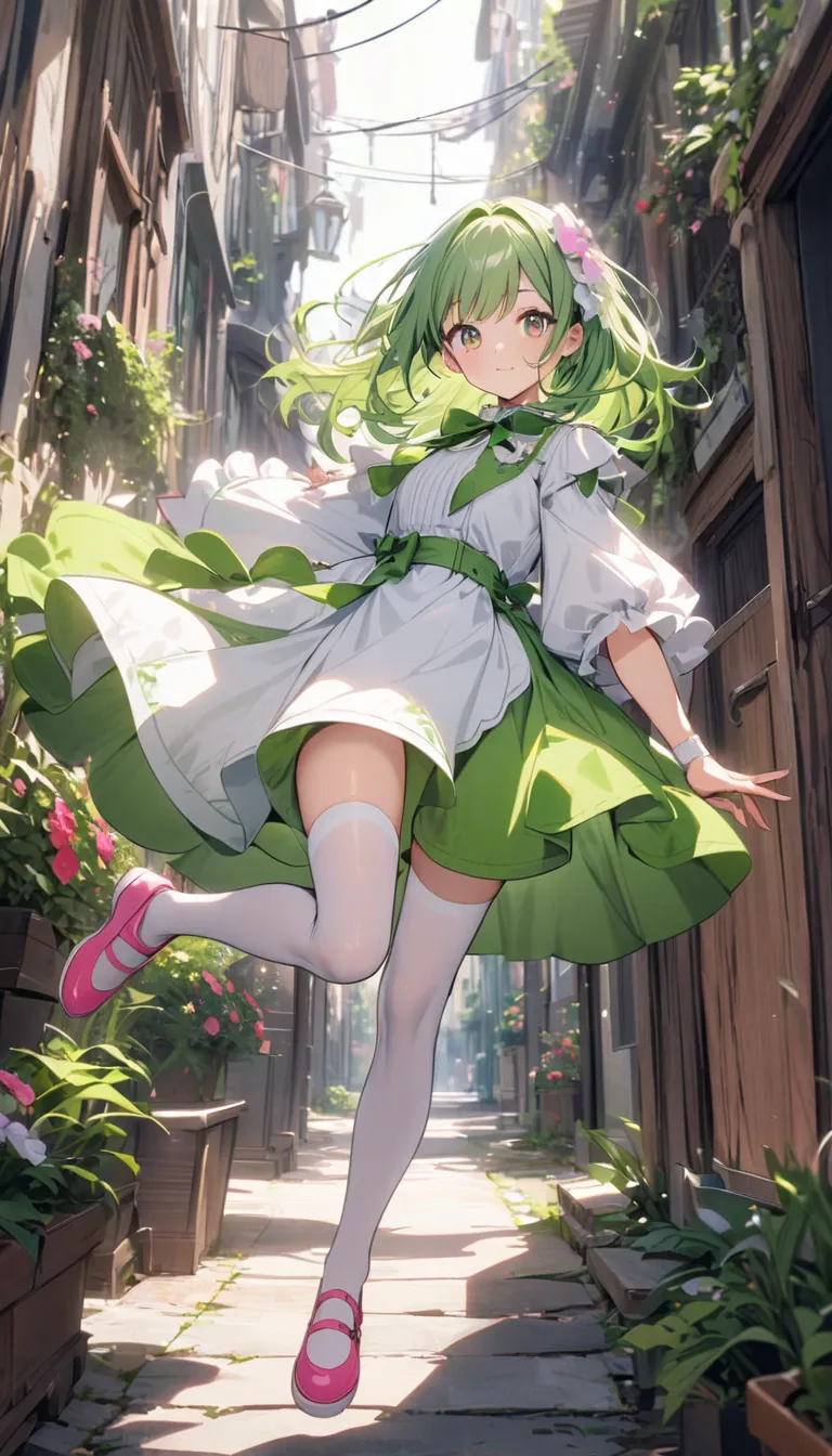 Beautiful Girl　 green hair　white dresses　 pink shoes　white stockings