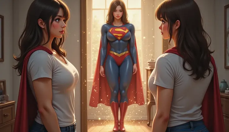 "A three-panel comic book-style illustration depicting a young brunette female standing in front of a mirror as she undergoes a dramatic transformation into Superman.

Panel 1: The young woman, with shoulder-length brown hair, stands in front of a full-len...