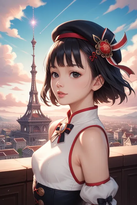 1Female, Minami Hamabe, 26 years old, Slightly small breasts, black hair, black eyes, extra short hair, bangs, Fantasy clothes, clothing, a beret, Fantasy world city