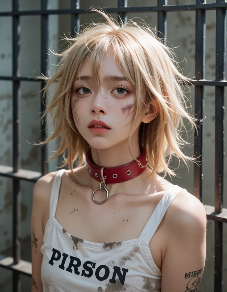 Japanese girl. Blonde messy hair. In prison. Collar. Dirty body.