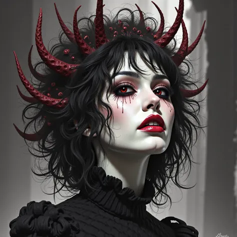 (((modern digital illustration))),gothic beauty,full body,madness,insane,morbid,surreal',beautiful shading,3d shading,reflective surfaces,fully illustrated,beautifully detailed 8k pencil illustration,extremely hyper detailed pencil illustration,intricate a...