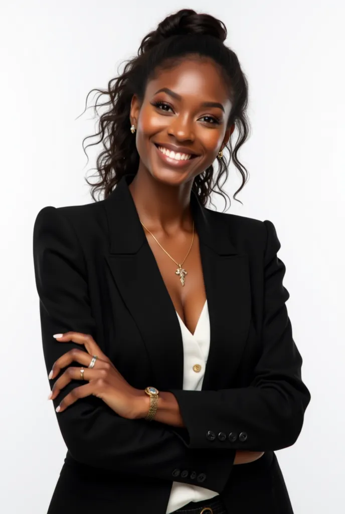 The image shows a young black woman,  With a radiant smile , dressed in an elegant black blazer and a white blouse underneath.  is with arms crossed . Her hair is tied in a sophisticated hairstyle with loose curls falling over her shoulders,  and she wears...