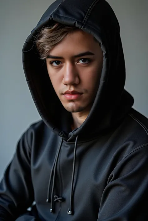 Close-up image of a young man in a cuddly black Spiderman costume grey background