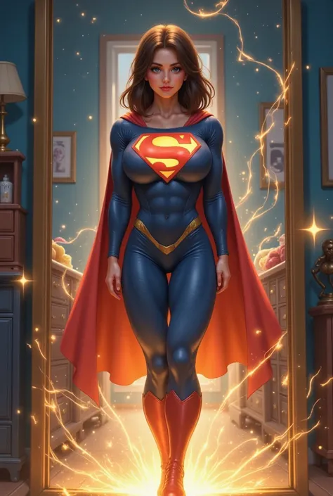 "A three-panel comic book-style illustration depicting a young brunette female standing in front of a mirror as she undergoes a dramatic transformation into Superman.

Panel 1: The young woman, with shoulder-length brown hair, stands in front of a full-len...