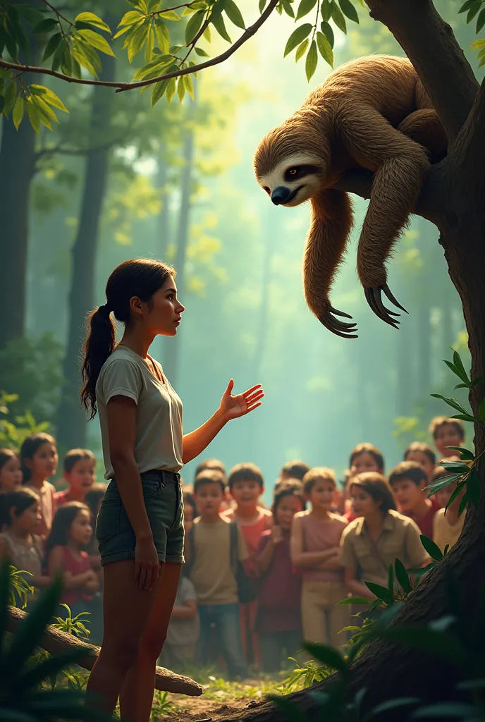 A sloth and a woman talking about stopping deforestation in front of a lot of people 
