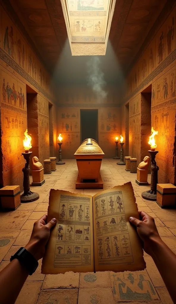 First-person view (POV) holding a map inside a secret chamber of an Egyptian pyramid, lit only by flickering torches. The walls are covered in hieroglyphic details and colorful paintings representing gods and pharaohs. Dust and sand float in the air, the a...