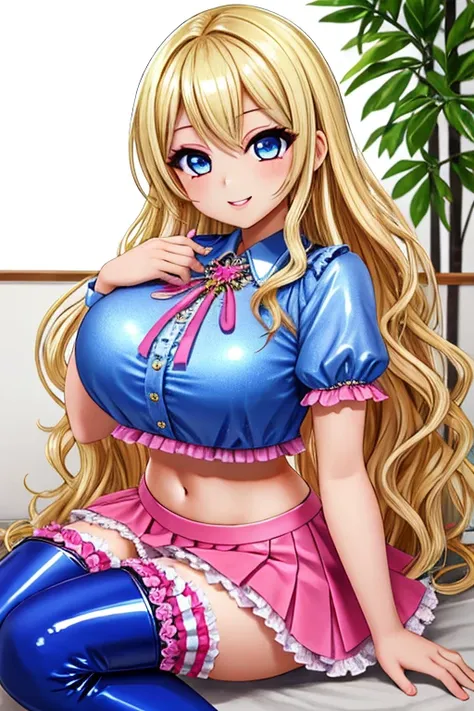 1girl, gyaru, best quality, looking at viewer, kawaii, shiny skin, shiny clothes, crop top, navel, bare stomach, midriff, underwear, frills, thighboots, thighhighs, huge breasts, long hair, wavy hair, blonde hair, blue eyes, smile, 