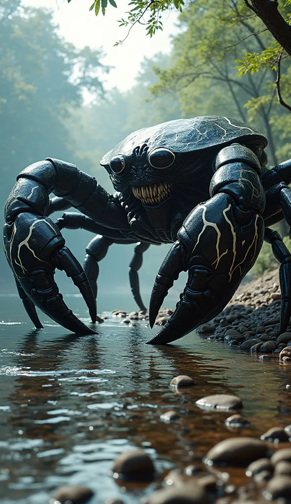 In broad daylight, a monstrous, Venom-infused giant crab lurks near a calm, flowing river, its massive black exoskeleton pulsing with a sinister, symbiotic energy. White vein-like patterns stretch across its twisted, armored shell, forming the iconic Venom...