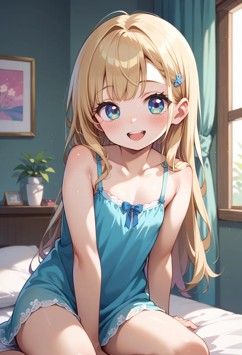 ((Highest quality)), ((masterpiece)), (be familiar with), perfect face, indoors, bedroom, watching viewers,
One woman,  Gamemun Neko ,
open mouth, ecstatic expression, blush, smile,
 small tits, flat chest, Young girl,  lori,  ,  girl,
 long hair, long hai...