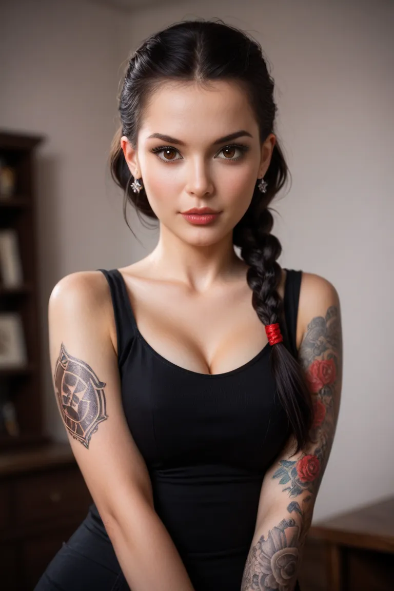 Latin woman Gothic braided black hair brown eyes, a black top, with tattoos, Toma full body pilot suit,  realistic art style ,  portrait of Rossdraws , portrait of art germ,  realistic art style , realistic digital art 4k, realistic digital art 4k, german ...