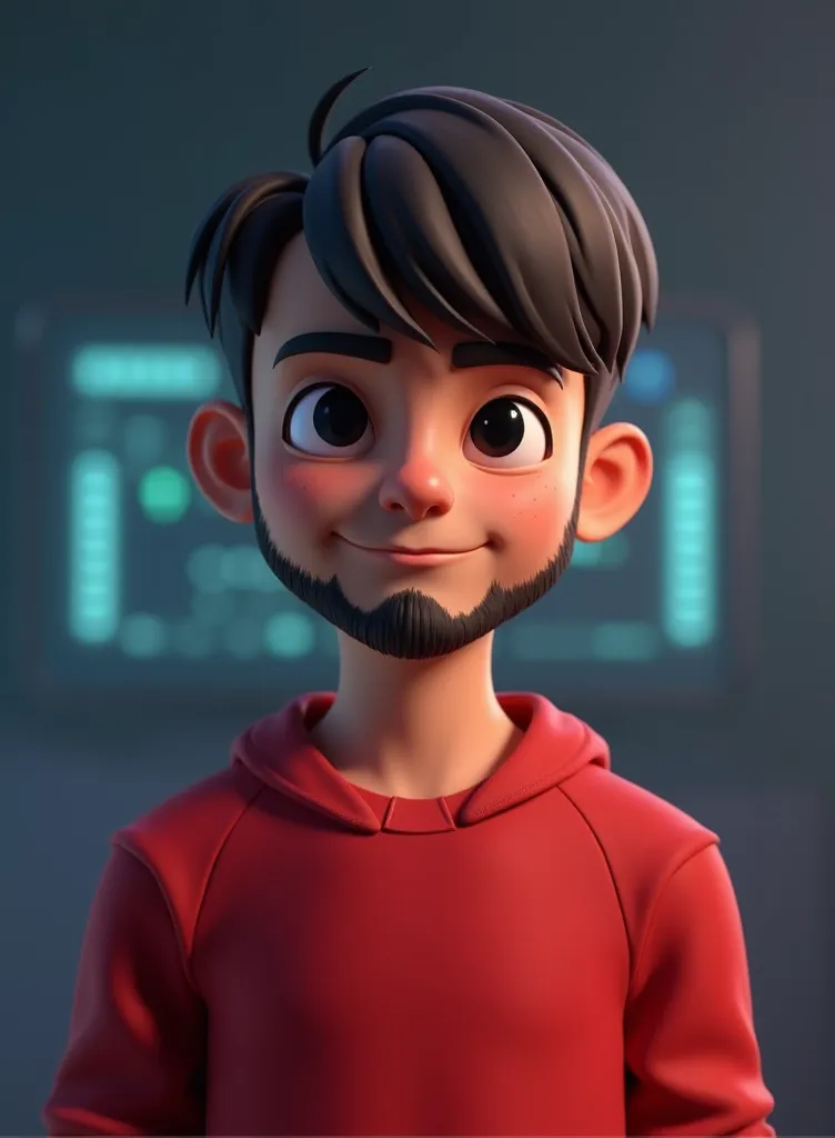 I created a 3D avatar of a 21-year-old boy with straight short hair with a black eye and with the background of the scenario focused on programming and put him in a red sweatshirt and he doesn't have a beard 