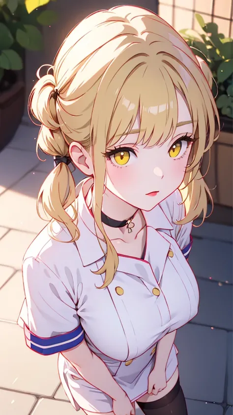 a beautiful women, ((big tits)), short twintail hair, blonde hair, very long eyelashes, very bold eyelashes, round eyes, light glow yellow eyes, choker, black nurse outfit, sexy stockings, standing against a fantasy landscape, painted anime, aerial shot, e...