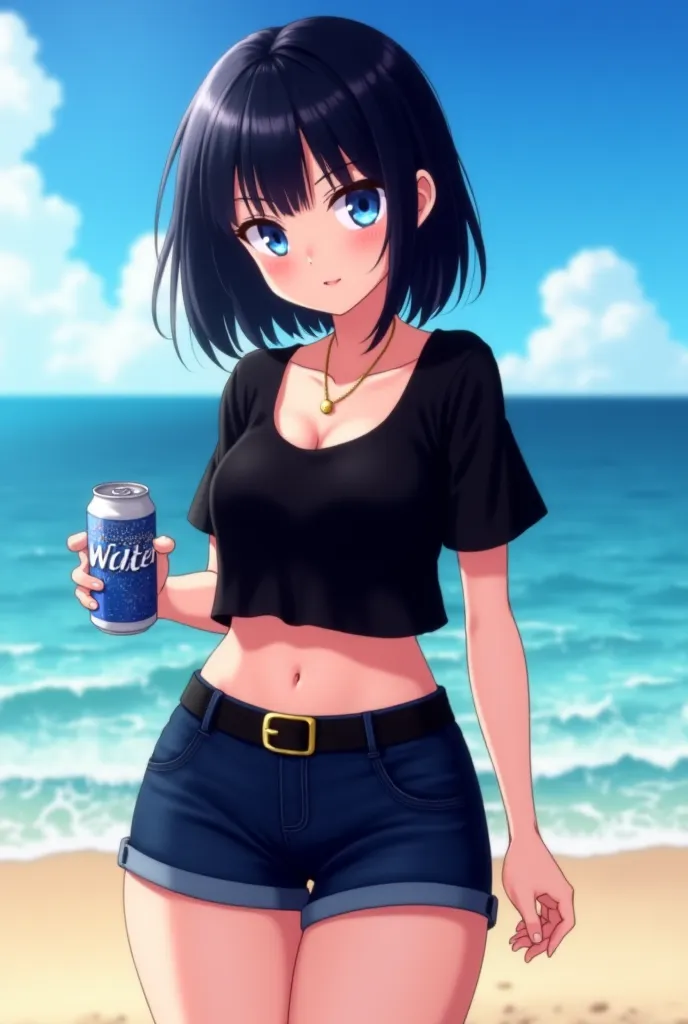 An anime kawaii goth girl with shiny blueish eyes and slightly long straight dark black hair, as she is wearing a black crop-top with short sleeves with a slightly big cleavage showing, a thin gold necklace, and dark jeans shorts with a black belt, as she ...