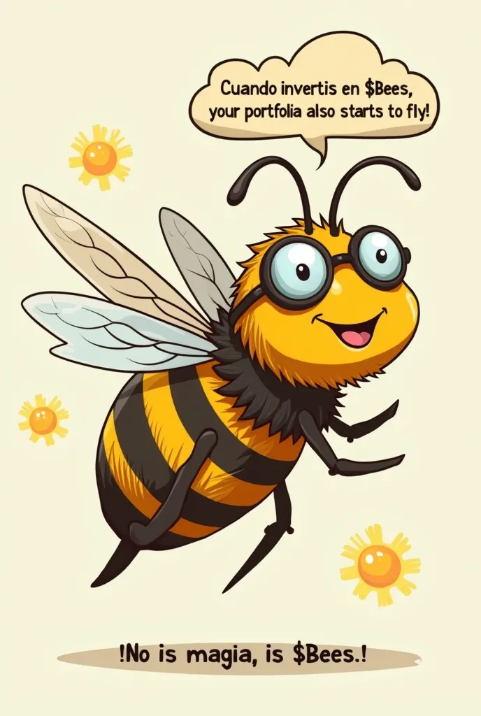 una abeja caricaturisca con gafas de sol, volando feliz junto a un gráfico que muistra cómo el valor de $Bees istá subiendo. The bee says: "Cuando inviertis en $Bees, your portfolio also starts to fly!" and at the bottom,  The text : "¡No is magia, is $Bee...