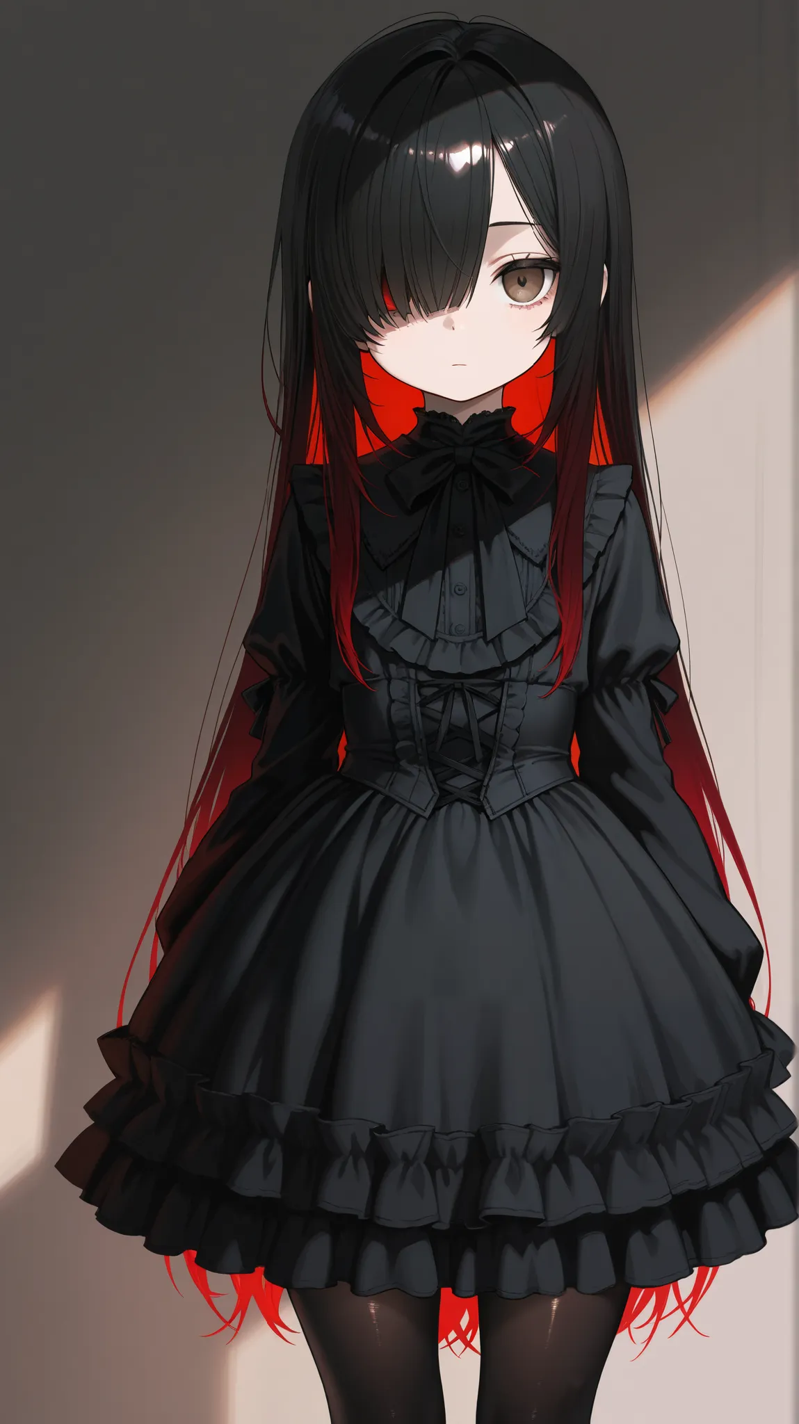 Masterpiece, detailed, high resolution illustration, 1 girl, goth lolita, black frilled dress, aged down, shiny skin, long straight hair, hair over one eye, red gradient hair, multicolored hair, black hair, odd eye, brown eye, red eye, emotionless, black p...