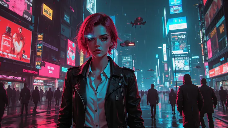 A woman with short red hair walks the vibrant streets of a Cyberpunk city at night. Holographic screens project neon advertisements, while flying vehicles pass above. Her determined gaze reflects on the wet glass of the illuminated sidewalk. She wears a br...