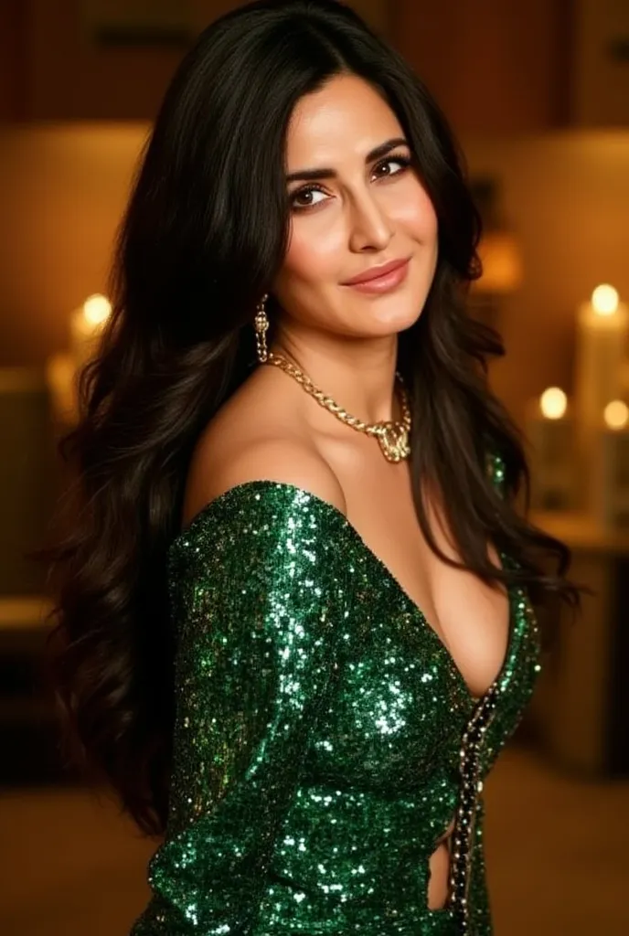 Katrina Kaif, Bollywood actress, captured in a glamorous portrait. Slim, toned physique with a graceful posture, revealing her curves like cleavage wearing a green sequin suit with an oilslick colored chainmail top. athletic frame. Her signature dark-brown...