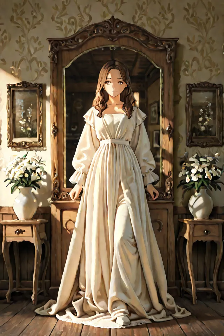 A girl wearing simple, long off-white gown, standind before an antique wooden mirror, the room is of old medieval model, she is smiling nostalgic gesture, there's a photo frrame of flower in the wall