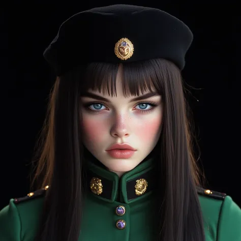 photo 4k. Beautiful 17-year-old European girl with long straight jet black hair, white porcelain skin, reddish lips, blushed cheeks, wearing a green and black sergeant's uniform with a beret on her head, black background, BLUE EYES, intense SAPPHIRES with ...