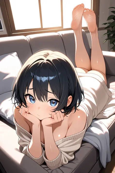 masterpiece,best quality,amazing quality,1girls,Young face、high school girl、short wave hair、gloss々Black hair, Shake your hair, large cleavage, white off-the-shoulder knit、shiny skin、glossのある肌質、(lying on a sofa), (prone position), (resting her face on her h...