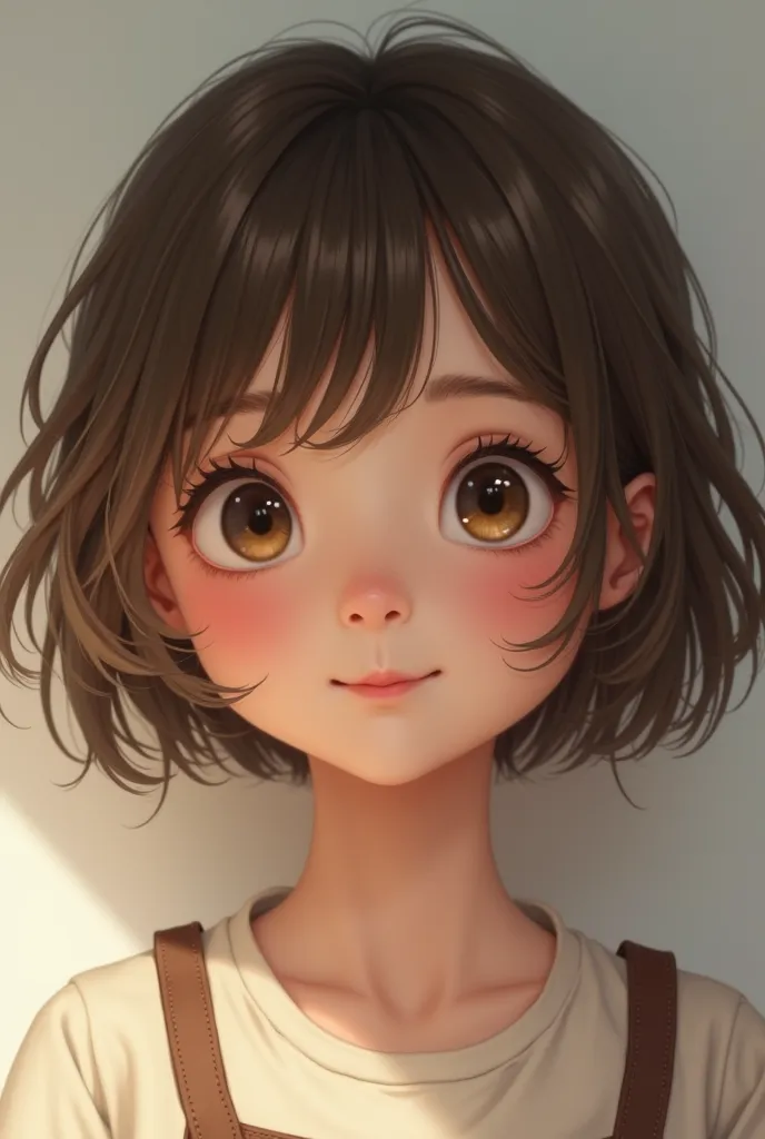 Realistic nine-year-old girl short dark blond hair 