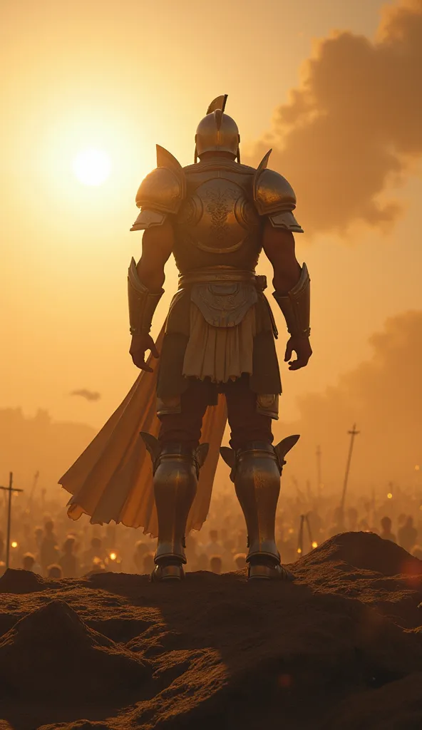 first-person view, standing on the fallen giant, Golias, your massive bronze armor shining under the sun, the battlefield in silent shock,  Dust particles floating in the air , epic atmosphere, cinematic composition,  details in 4k, immersive realism.