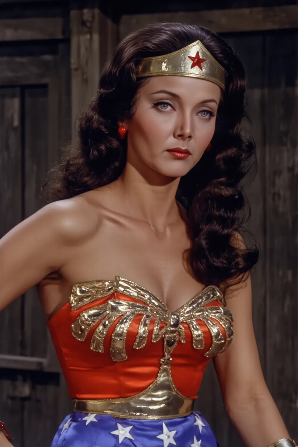 Lynda Carter as Wonder Woman,    sexy photo shoot on a completely dark grey background ,   full body photo,  ((  top quality)), ((  masterpiece)), (   Details),   in the seat,    Linda Carter from Sexy Wonder Woman   ,   Wonder Woman was crucified   ,(( Pl...