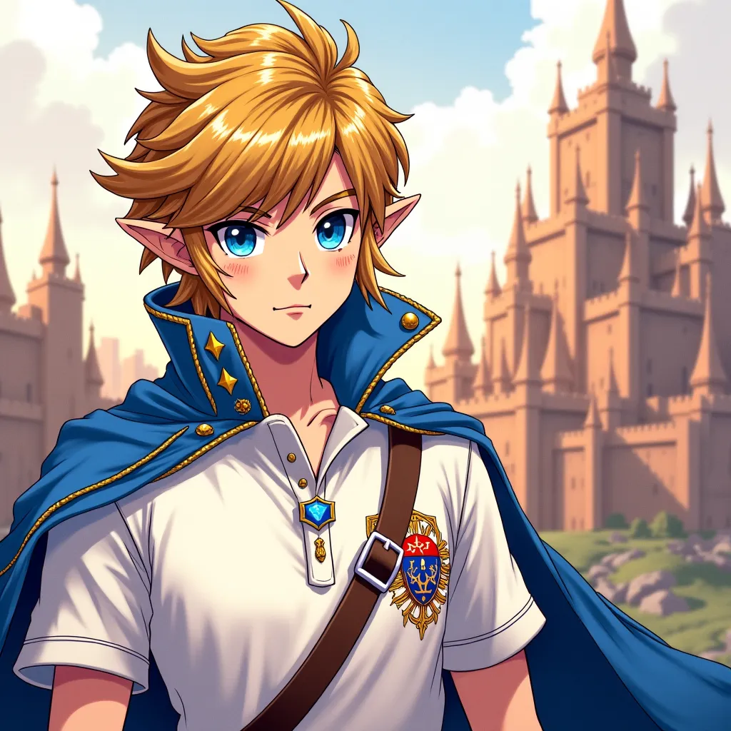 Anime King Link wearing a Massive popped collar polo with a collar so high it's taller than his head