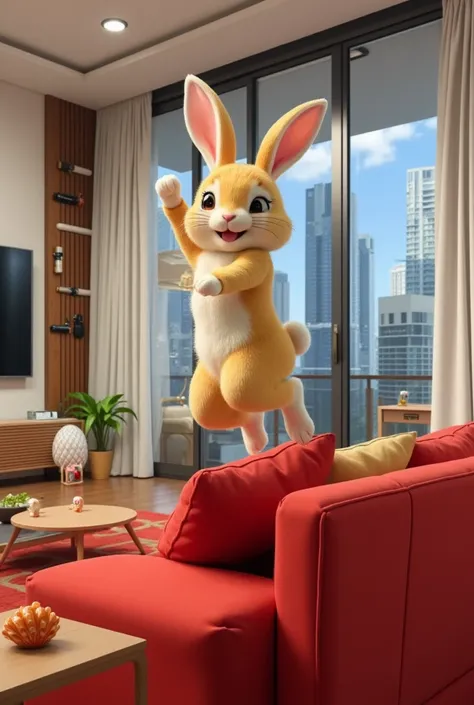 ((    photorealistic realism    )),((High resolution)),((ultra realistic quality, extremely detailed professional digital art)),Yellow and white rabbit in photographic style, and running jumping on top of a red sofa with colorful fuchsia shells in the livi...