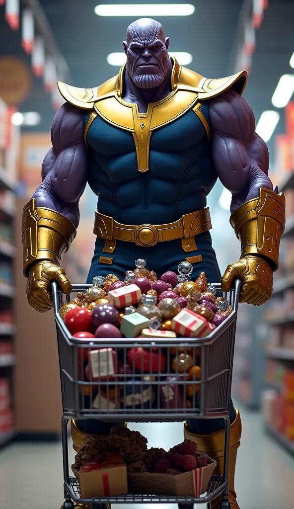 Thanos happily grabbing a bunch of items, his shopping cart filled with various things. He looks victorious as he approaches the checkout counter.