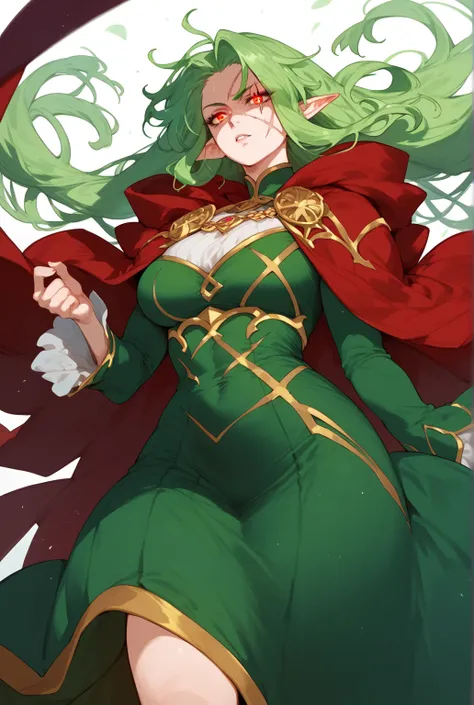  Woman, pointy ears,  scars on the body ,  green hair,  long hair, full hair, dark green dress, eye scar ,red cape with fur,anime style,in a hall,   glowing eyes ,long sleeve dress 