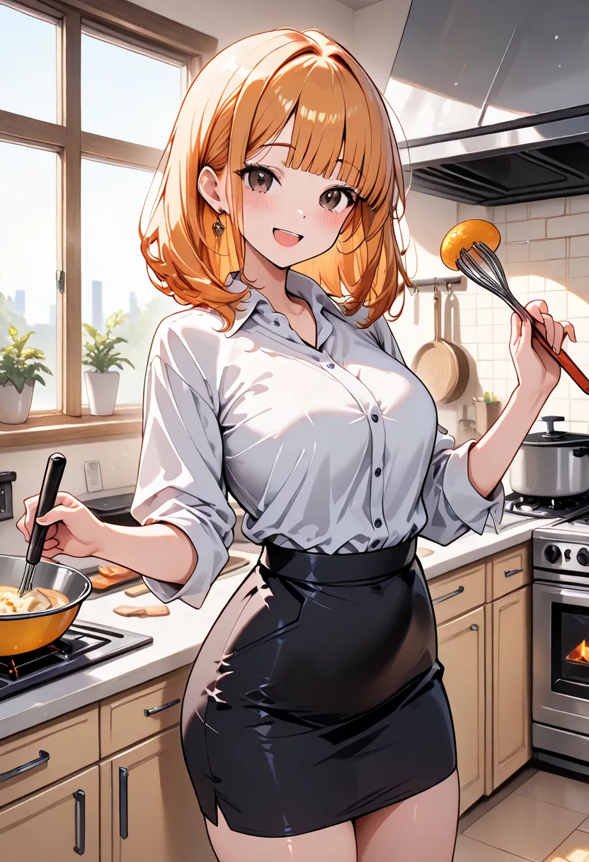 (masterpiece, top quality, very aesthetic, 4k, illustration high res, absurdres), Woman, standing, cooking, in kitchen, fair skin, long orange hair, blunt bangs, brown eyes, big happy smile, adult, pencil skirt, 