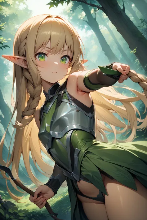 1 girl,Alone,,blond hair, long hair,Hair braiding,green eye, pointed ears ,Elf,flat chest,shiny skin,
 light armor,forest, Hold a bow and arrow and aim
,masterpiece,Highest quality,amazing image quality, wide angle shot, Dynamic Poses