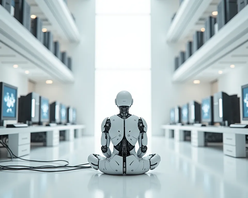  the back of a white cyborg sitted down on the floor on a white room filled with computers in front of him and flat screens and wires around him