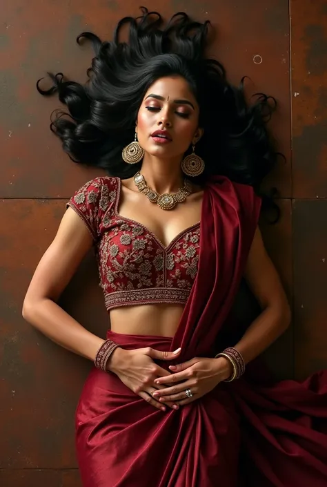 Top view, Full body image, indian hourglass body, 29 year old actress, lovely face, mouth wide open, half closed eyes wearing highly embroidered maroon colour silk deep neck blouse and maroon colour low waist royal body fit designer saree, saree is pushed ...