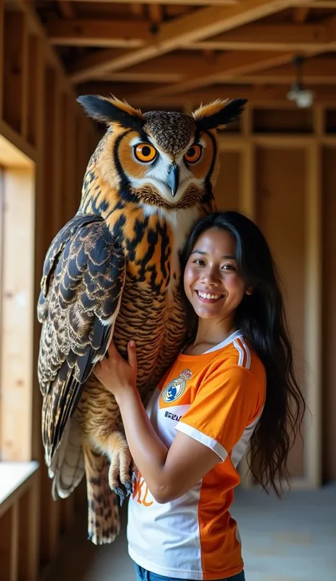 "A woman holding an enormous Eurasian eagle-owl indoors. The owl is as large as the woman, with its body and wings covering a significant portion of her figure. Its plumage is a mix of brown, black, and cream with striking orange eyes and distinctive feath...