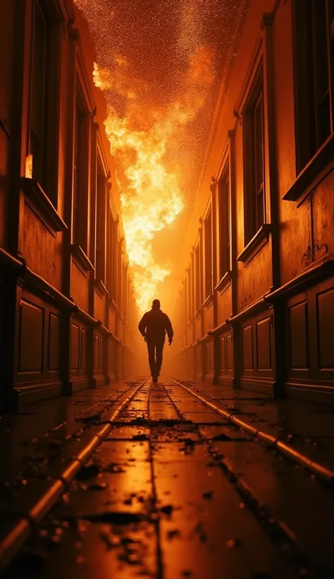 "First-person view of someone running through the sloping corridors of the Titanic while it catches fire,  Your hands appear. The suffocating heat of the flames illuminates the room, and sparks fall from the cracked ceiling. The floor shakes violently unde...