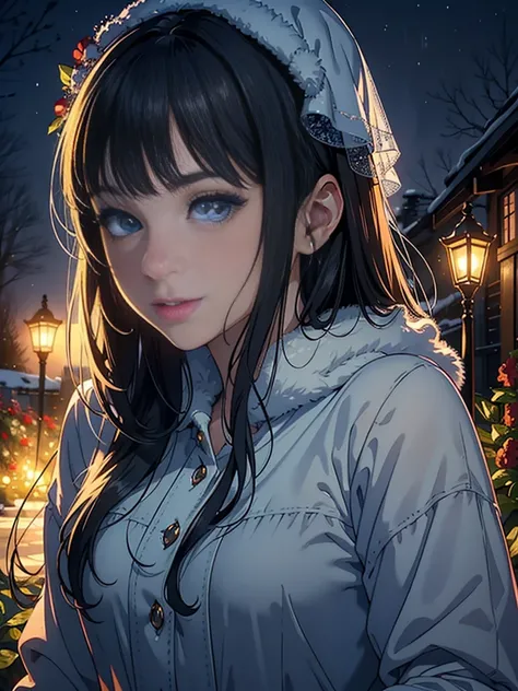 Une fille d&#39;anime portant un sweat à capuche, jouant à la console de jeu, winter nuit, (illustration 2d:1.2), encombrement visuel, (1girl:1.3), ((Ambiance décontractée)), nuit, 