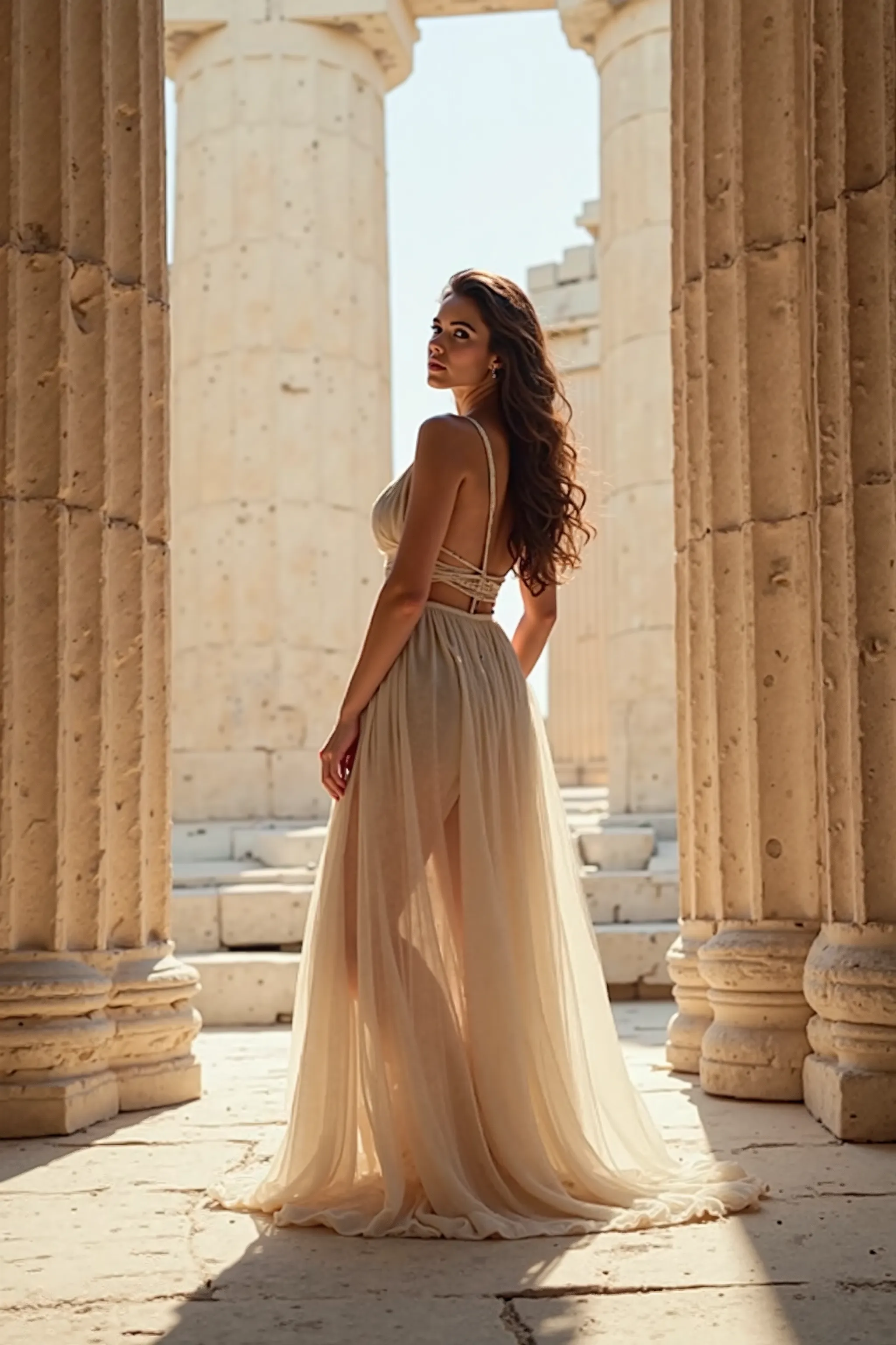 ((highest quality)), ((masterpiece)), ( Detailed), ancient architecture, Athenian Acropolis, A beautiful woman posing between the columns, She has some ((huge breasts)), ((small waist)) and (((enorme trasero redondo and parado))), lleva puesto un vestido l...