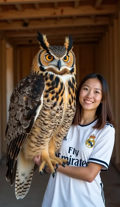 A woman holding an enormous Eurasian eagle-owl indoors. The owl is as large as the woman, with its body and wings covering a significant portion of her figure. Its plumage is a mix of brown, black, and cream with striking orange eyes and distinctive feathe...