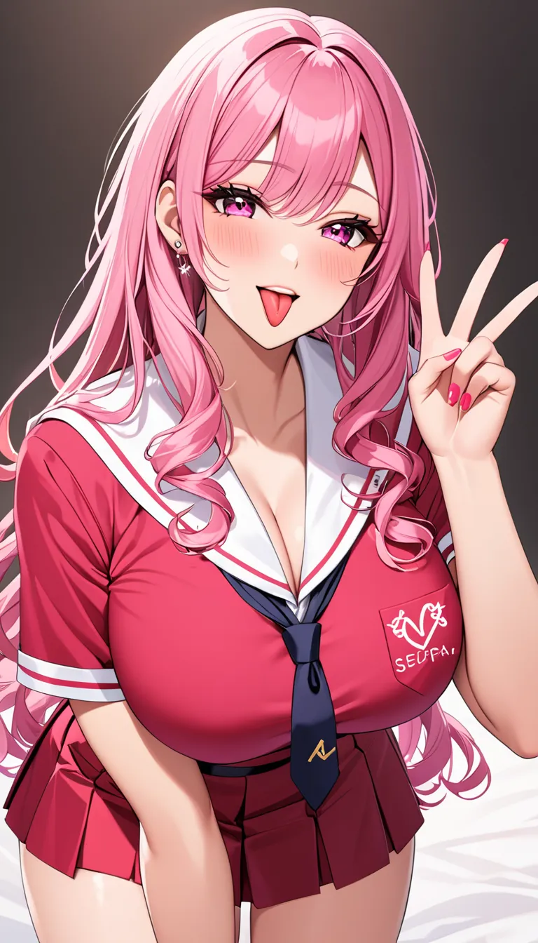  top quality　  Masterpiece  　 high definition 　  Masterpiece  　 pink long hair, curly hair,　　  pink Eyes 　, big breast, seductive, flirty, seifuku, red school outfits, gyaru, cheerful, peace sign, tongue out, blushing, white backround plain