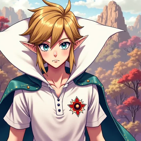 Anime Prince Link wearing a Massive popped collar polo with a collar so high it's taller than his head