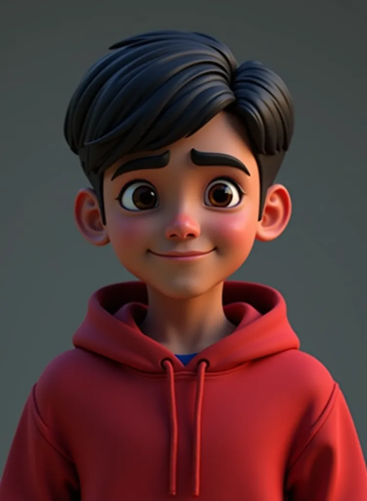 I created a 3D avatar of a 21-year-old boy with straight short hair with a black eye and with the background of the scenario focused on programming and put him in a red sweatshirt and his skin color is dark brown very dark his eyes are small and thin eyebr...