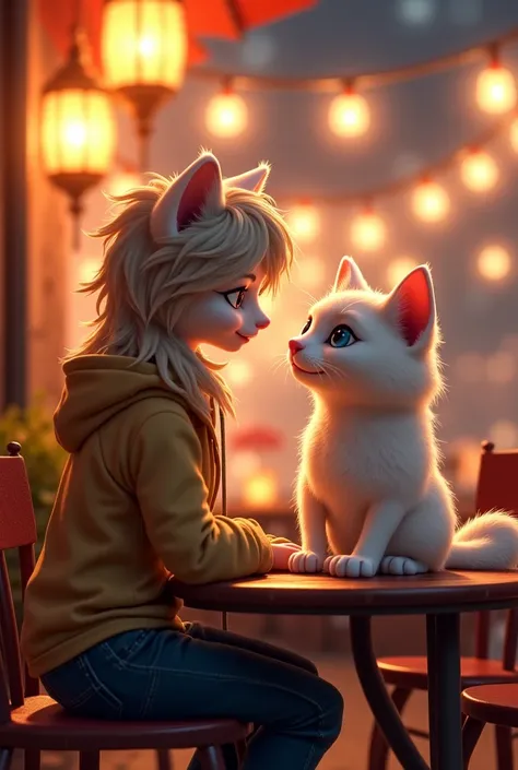 

---

**"A beautifully detailed scene featuring two anthropomorphic cats sitting together in a cozy, romantic atmosphere. Pell, a stunning white-furred female cat with long, wavy hair cascading down her back, gazes at Dennis with eyes full of love and adm...