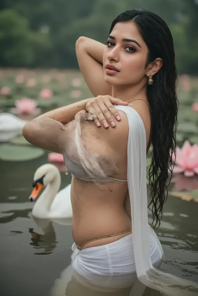 Indian busty woman emerging gracefully from a large beautiful forest pond filled with blooming pink lotus flowers. Few swans are also swimming nearby. Wearing thin and long golden chain on neck, golden ear rings and a nose pin with a gem stone on right sid...