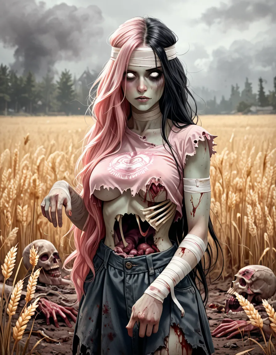 ((masterpiece:1.1)), ((best quality)), ((highres:1.1)), pink hair, stunning zombie woman, ((decay flesh)), (decayed flesh), ((open wounds)), ((rotting flesh)), rotting, undead, mist, fog, ripped clothing, wheat field, high wheat, post-apocalyptic, desolate...