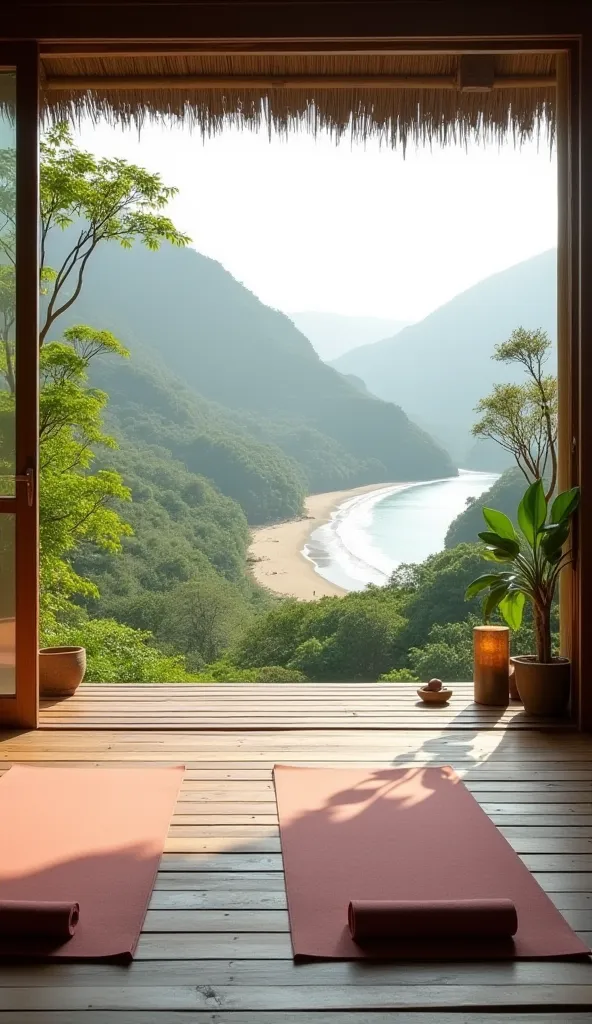 A peaceful and natural yoga space designed for relaxation and mindfulness. The setting is an open wooden deck overlooking a scenic view, such as a calm beach with gentle waves, a lush green forest with soft morning sunlight filtering through the trees, or ...