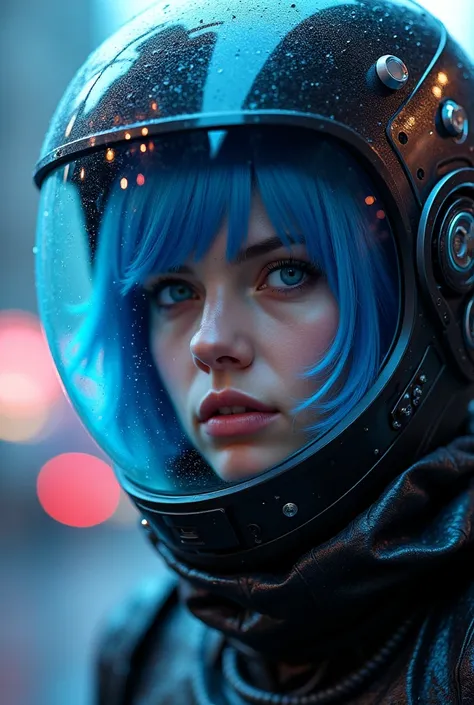 a woman with short blue hair wearing a cyberpunk helmet, featuring a transparent visor that fully reveals her face. The helmet is adorned with intricate, glowing wires that weave throughout the interior, casting a soft neon glow in shades of electric blue ...